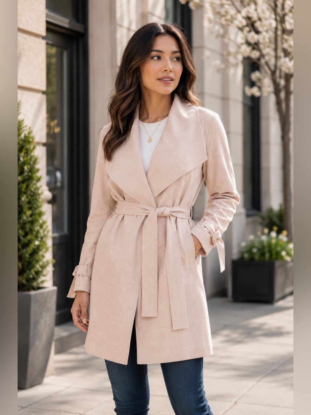 NEW Halogen Drape Lapel Tie Waist Topper Coat – Beige – Size Small